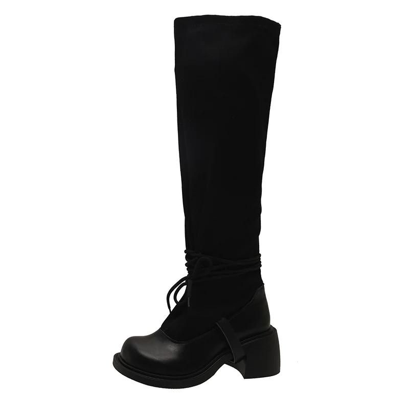 Winter Chunky Women High Boots Lace Up Mid Heels Fashion Shoes 2025 Trend Knee High Designer Pumps Goth Motorcycle Botas Mujer