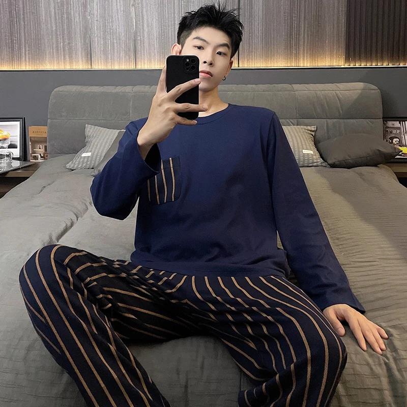Осенний комплект из двух частей с длинными рукавами из хлопка, весенние длинные штаны, пижама для молодежи, мужская домашняя одежда, полосатая ночная рубашка для мальчика