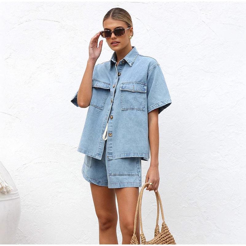 Женский джинсовый костюм-двойка Свободная повседневная рубашка с коротким рукавом + шорты на резинке