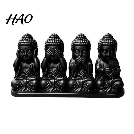 Artistic Tabletop Centerpiece 4-in-1 Mini Buddha Statue, See Hear Speak No Evil And Phone, 3D Printed Trendy Office Gadgets Zen Monk Feng Shui
