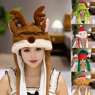 Рождественская шапка с изображением оленя и снеговика, декоративный головной убор с подвижными ушами, толстая плюшевая зимняя шапка для праздника