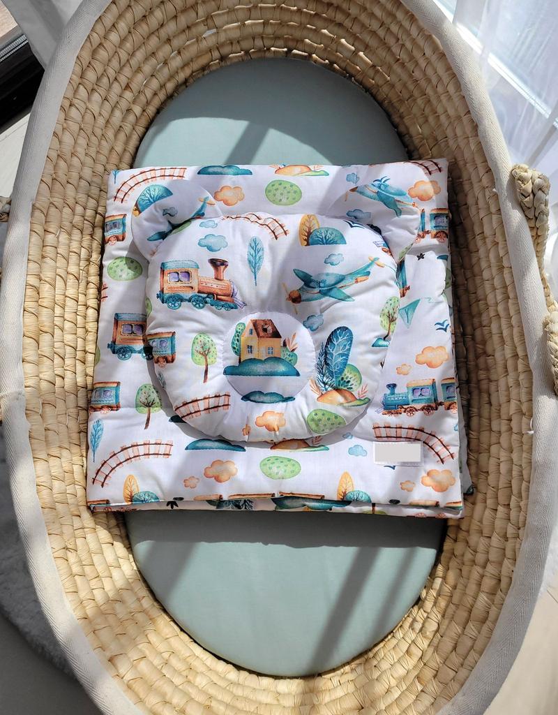 Teddy bear duvet with filling and contoured pillow - 2-piece set - turquoise train