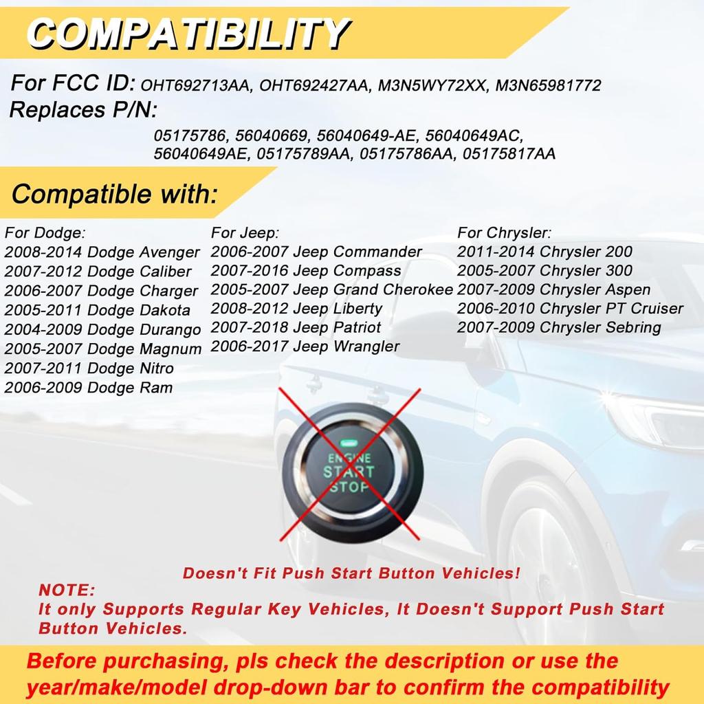 Ключ-брелок подходит для 04-09 Dodge Durango/ 05-11 Dakota/ 06-09 Ram/ 08-14 Avenger/ 07-12 Caliber Nitro/ 06-17 Wrangler/ 07-16 Compass Patriot/ 2006-2010