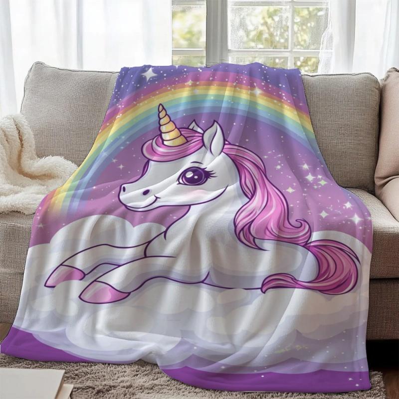 Newest Blanket Rainbow Unicorn Cloud Print Flannel Blanket Cute Purple Soft Warm Bedroom Throw Blanket