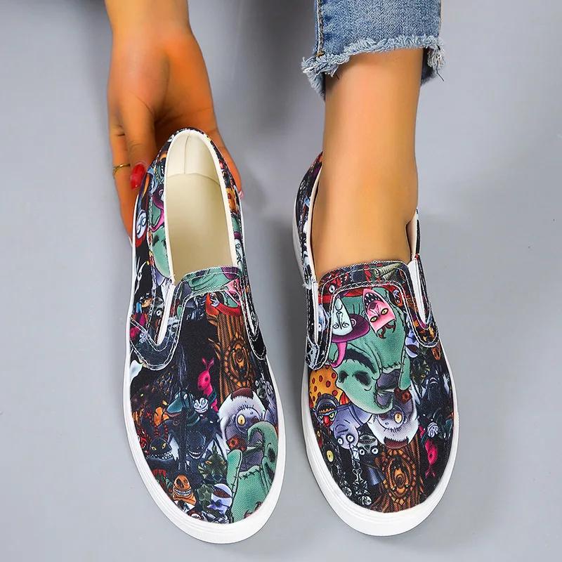 Женские мокасины Graffiti Flat Shoes Женские летние вулканизированные туфли Повседневные прогулочные туфли Мокасины из парусины без застежек для женщин