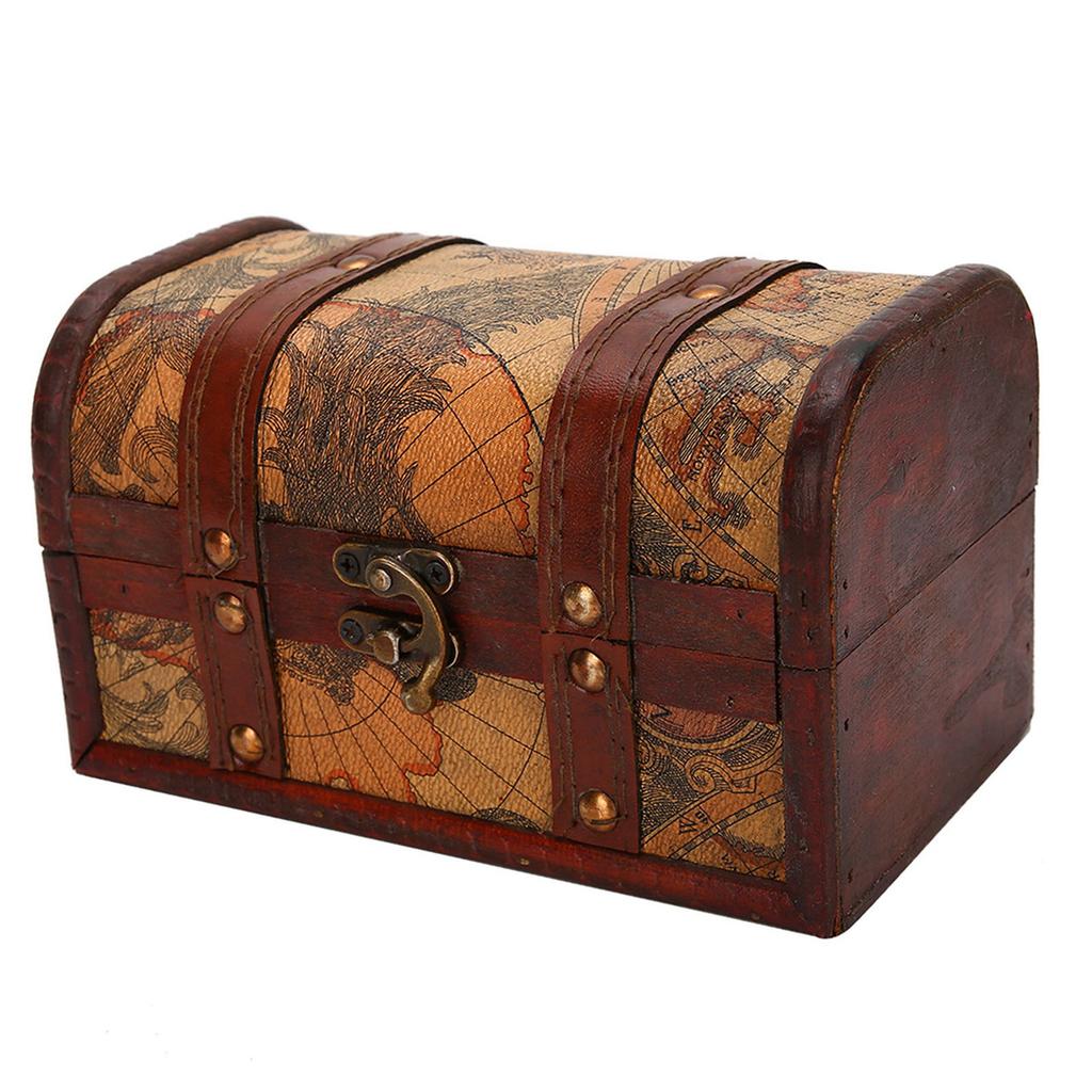 Vintage Wood Box Jewelry Storage Case Handmade Treasure Chest (Map)