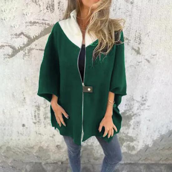 Fall Winter Women Jacket Loose Stand Collar Colorblock Zipper Closure Three-quarter Horn Sleeves Mid Length Casual Daily Wear
