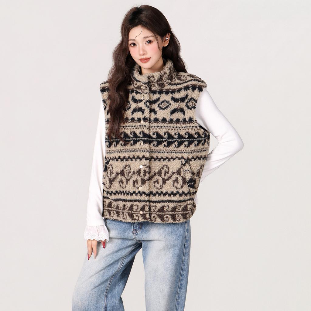 Vintage Fair Island Fleece Loose Vest Jacket Autumn and Winter Wear Stacked Design Vest Sleeveless Top Women