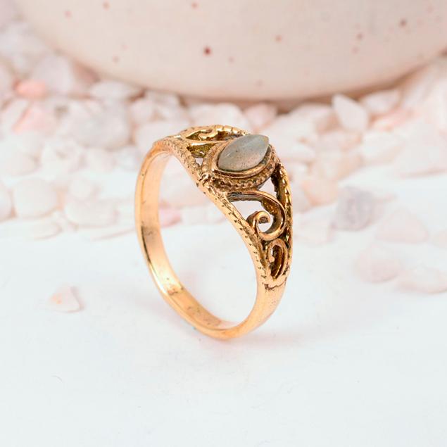 Labradorite Gold Plated Marquise Ring | Vintage Filigree Brass Jewelry | Mystical Stone Gift for Her