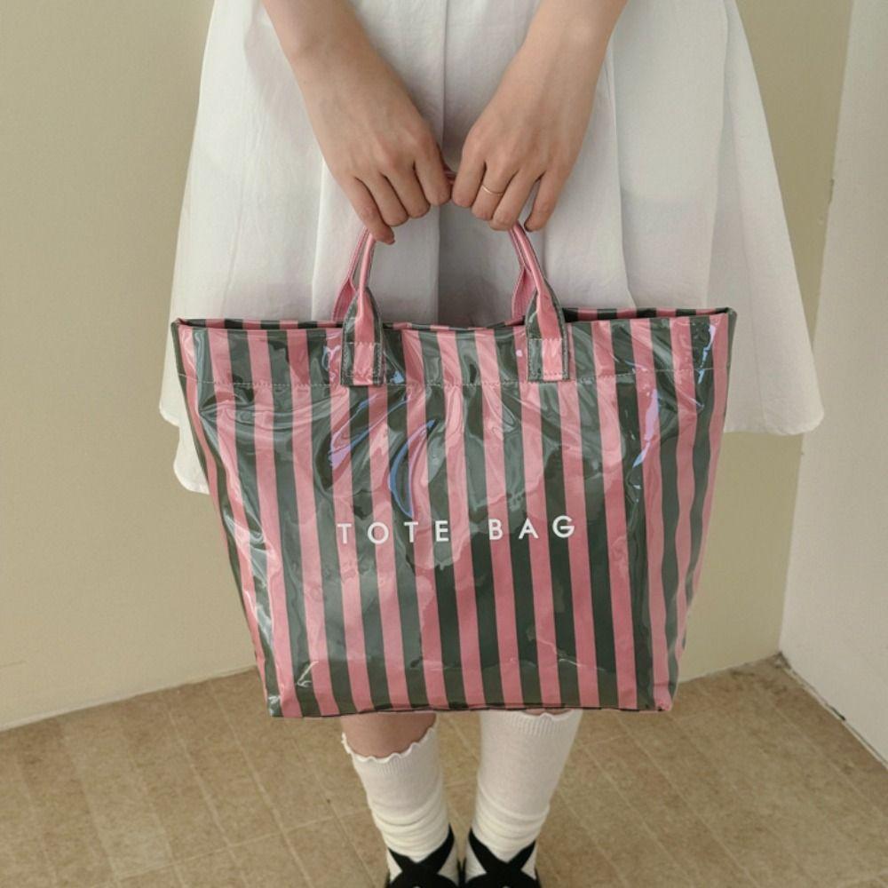Stripe PVC Striped Tote Bag Letter Print Letter Prints Handbags Grocery Handbag