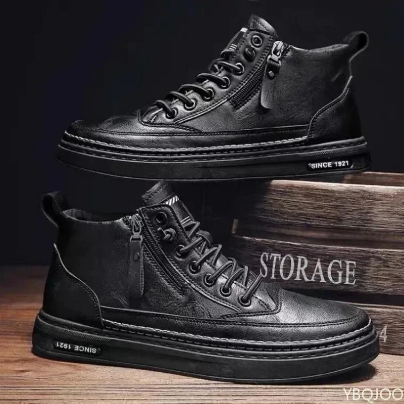 Mens Ankle Boots High Top Leather Men Shoes Retro Work Male Boots Fur Warm Winter Boots Zipper Shoes for Men Botas Para Hombre