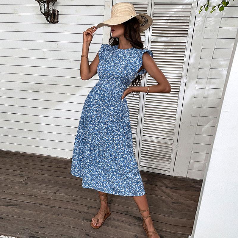 Летнее ретро женское шикарное длинное платье миди без рукавов с высокой талией и цветочным принтом