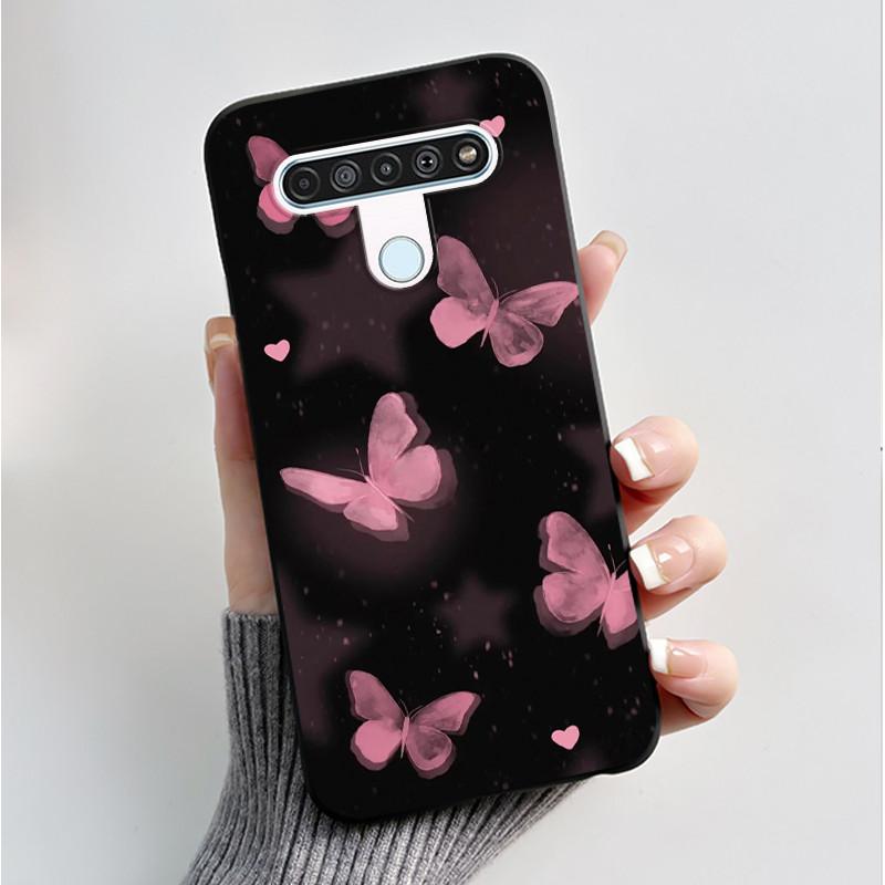 For LG Q61 LM-Q630N Slim Black Soft Silicone Case Luxury Fashion Flower Butterfly Painted Cover for LG K61 Q61 Q 61 Phone Casing