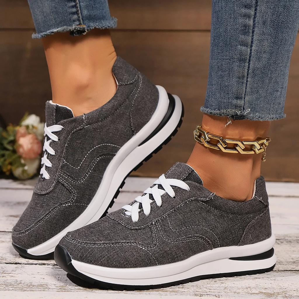 Fashion Blue Denim Platform Sneakers Women Fashion Thick Sole Lace Up Sports Shoes Woman Plus Size 43 Comfortable Casual Female Sneakers