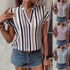 Ladies Summer Short Sleeve Stand Collar Striped Fashion Pullover Shirt Blouse Top