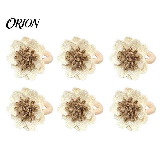 Spring Table Decor Accessories 6Pcs Linen Flower Napkin Rings, Wooden Ring Rustic Holders, Wedding Setting Farmhouse Rings for Bridal Shower