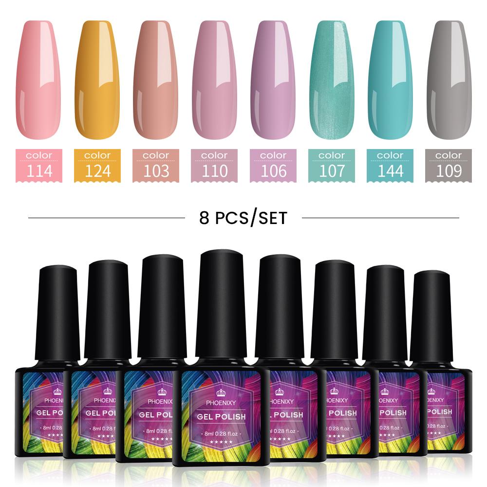 PHOENIXY 8 мл набор гель-лаков для ногтей 8 цветов УФ-гель-лак для ногтей стартовый набор Soak Off блестящий блестящий гель-лак для ногтей набор лаков для ногтей подарки маникюрный набор