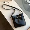 Niche Design Oil Wax Leather Small Bucket Bag, Women's Black Retro Shoulder Messenger Casual Bag