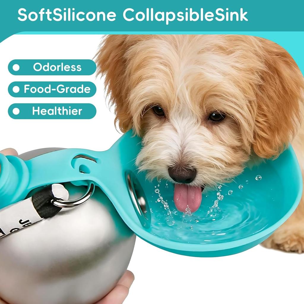 10oz Stainless Steel Dog Water Bottle 2 in 1 Leakproof Portable Pet Travel Cup Foldable Silicone Bowl for Outdoor Walking Camping