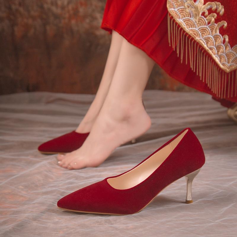 Модные красные свадебные туфли для женщин 2024 года, весна/лето/осень, новые женские туфли с острым носком, изящные туфли для невесты на высоком каблуке, размер 34-40