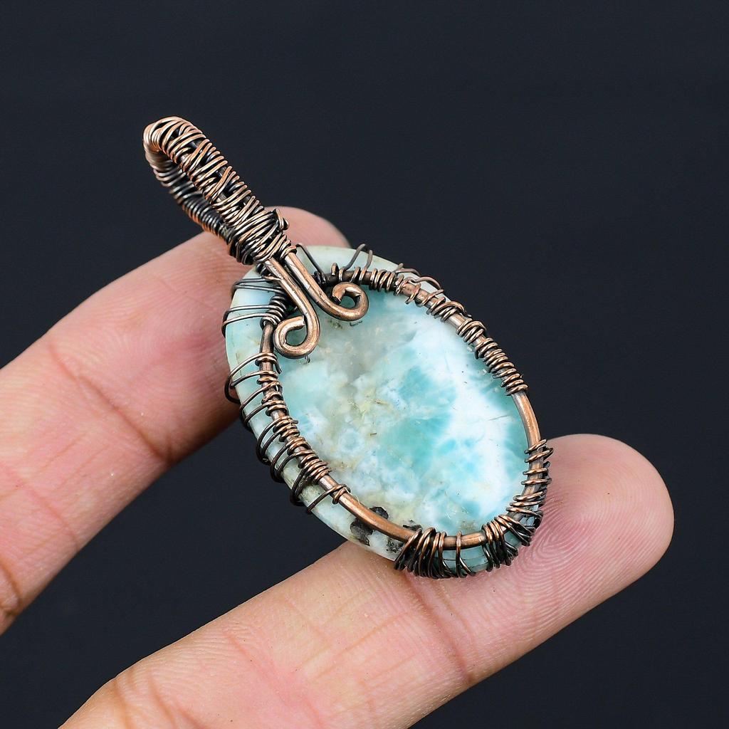Tree Of Life Larimar Gemstone Pure Copper Wire Wrapped Handmade Pendant Jewelry For Her