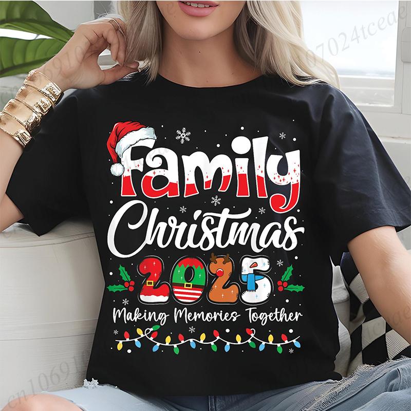 Women TShirt Family Christmas 2025 Print Tops Making Memories Together Tee Santa Hat ShirtsUnisex Fun Matching Holiday Tops