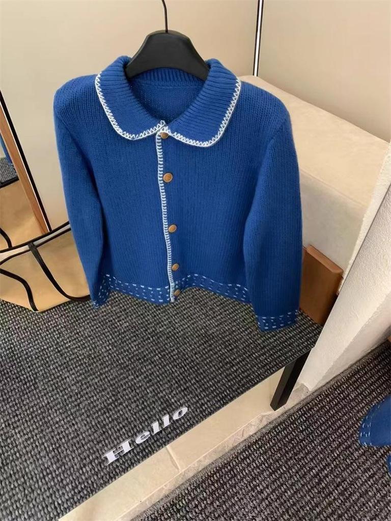 Женский кардиган в корейском милом стиле с цветными блоками - отложной воротник, приталенный, однобортный вязаный свитер на весну/осень