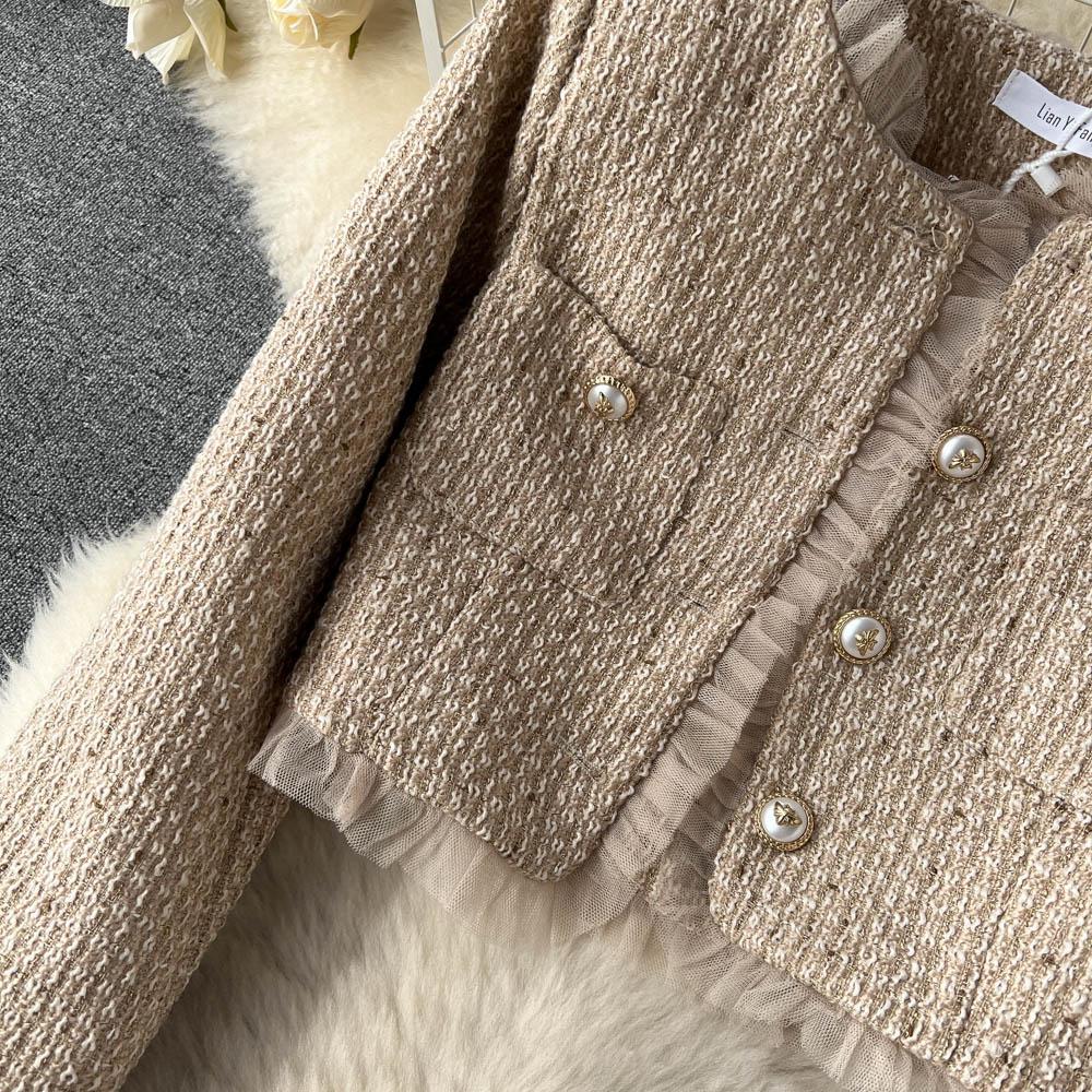 Новое весенне-осеннее шерстяное лоскутное платье-миди из тюля на тонких бретельках + короткий твидовый жакет-пальто для женщин, комплект из 2 предметов, наряды