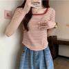 Футболка с коротким рукавом, корейская повседневная модная рубашка с U-образным вырезом, топы, женская однотонная полосатая футболка