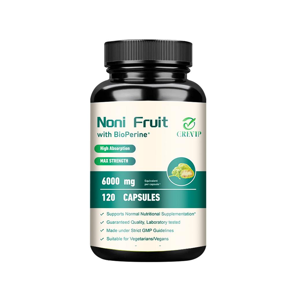GREVIP Noni Fruit Extract Capsules, 6000 mg per serving, easily absorbed, suitable for adults.