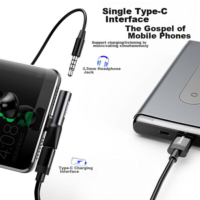 Baseus Type-C to 3.5mm Audio Adapter USB-C to Headphone Converter Charging And Music Player Two-In Xiaomi, Huawei, Honor, Android Phones