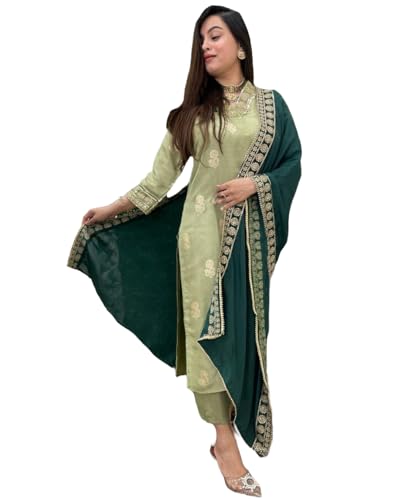 Gosriki Women'S Rayon Viscose Printed Straight Kurta With Pant & Dupatta (Udh Pista-Gs_L_Pista_Large)