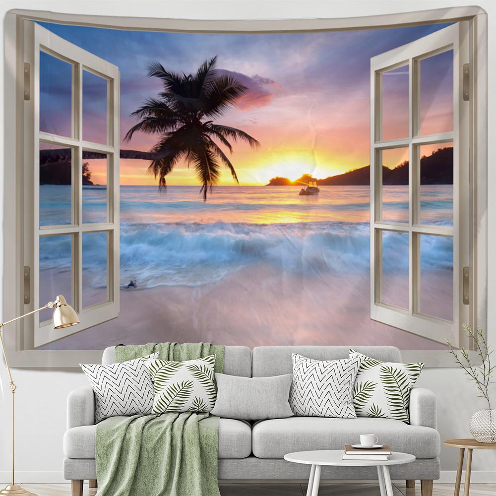 Окно Вид на Лес Гобелен Настенное Полиэстеровое Одеяло Психоделический Хиппи Бохо Стиль Декор Гостиной