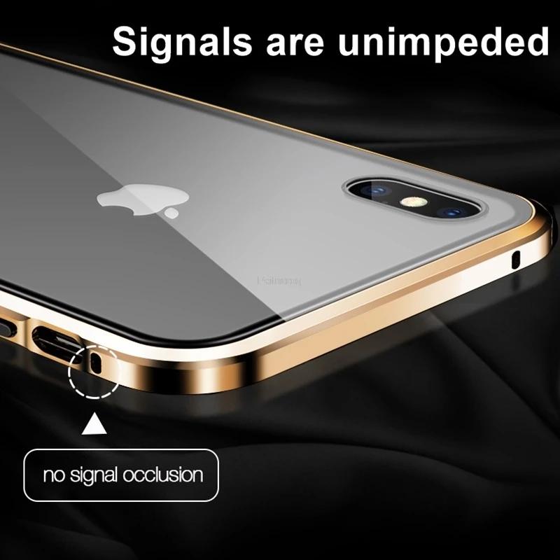 Магнитный закаленный стеклянный защитный металлический чехол для iPhone 15 14 13 12 XR 11 Pro MAX X 7 8 6 Plus 360 Магнитный антишпионский защитный чехол