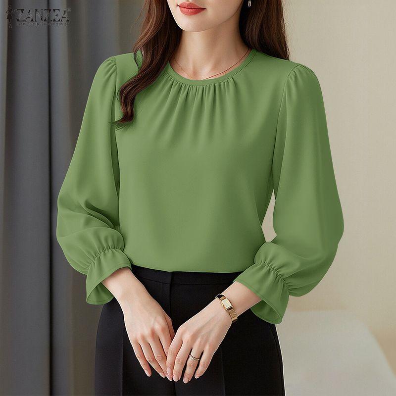ZANZEA Women Casual Round Neck Loose Long Sleeve Plain Blouse