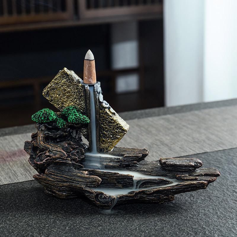 Creative Indoor Backflow Incense Burner: Mountain Stream Design with Agarwood & Sandalwood Aromatherapy for Home Decor