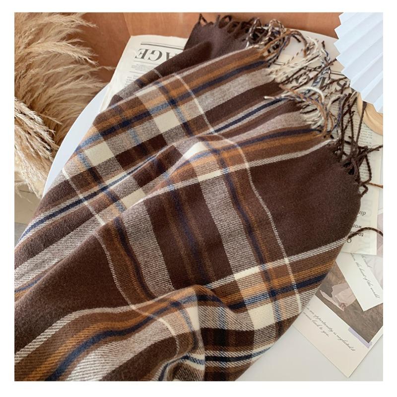 Осенне-зимний клетчатый шарф для женщин, теплая женская шаль с кисточками из искусственного кашемира