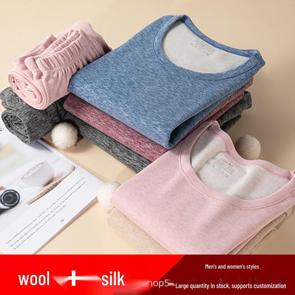 Мужской и женский двухсторонний фланелевый шерстяной шелковый комплект термобелья на осень/зиму красного цвета.