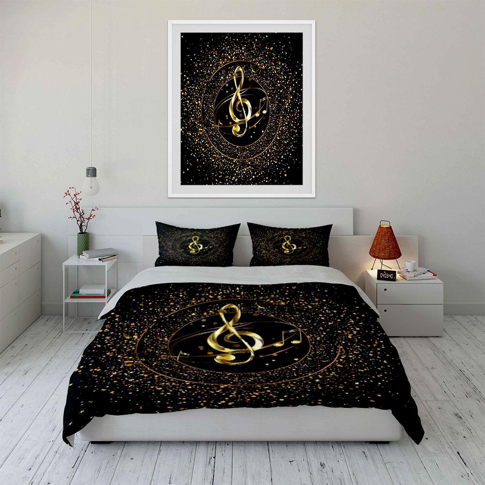 3Pcs Golden Treble Clef Glitter Star Duvet Cover Set, Black Music Note Bedding Includes 1 Duvet Cover And 2 Pillowcase, Gift