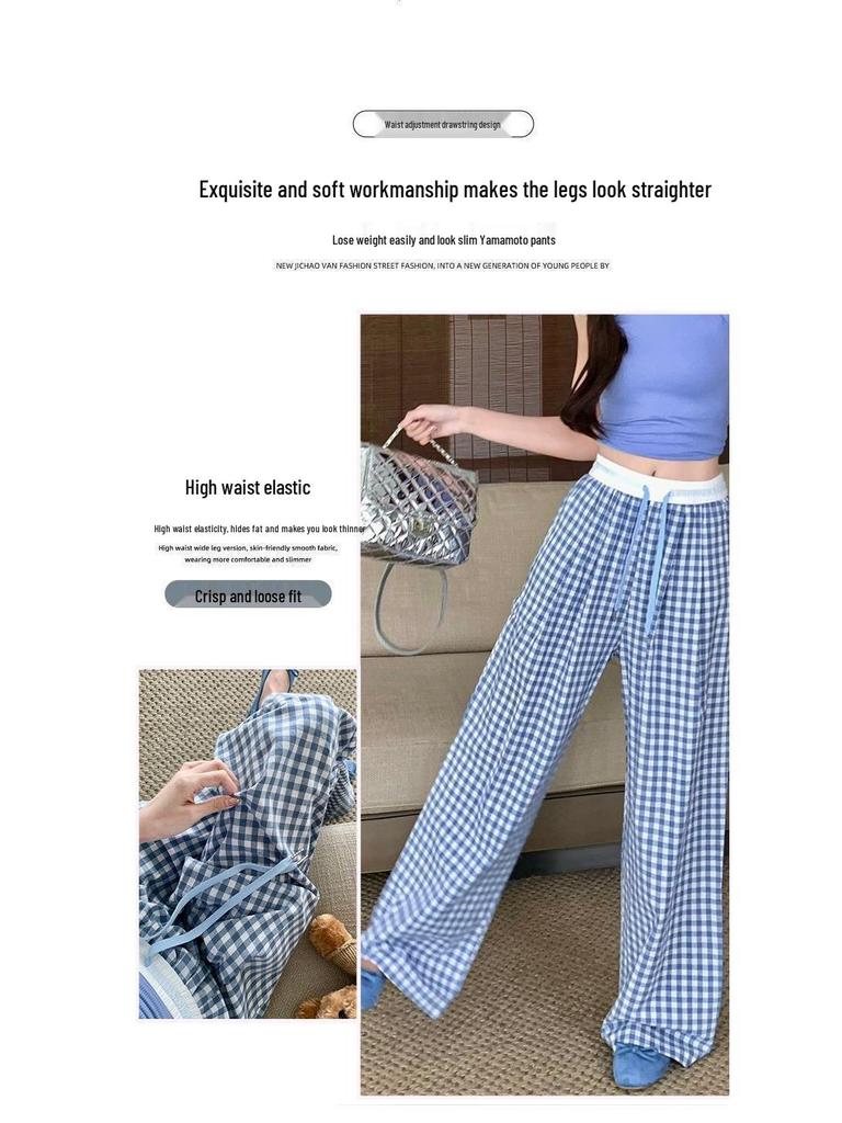 2025 Girls' Pink Plaid High-Waisted Loose Fit Yamamoto Pants: Retro Wide-Leg for Spring/Summer