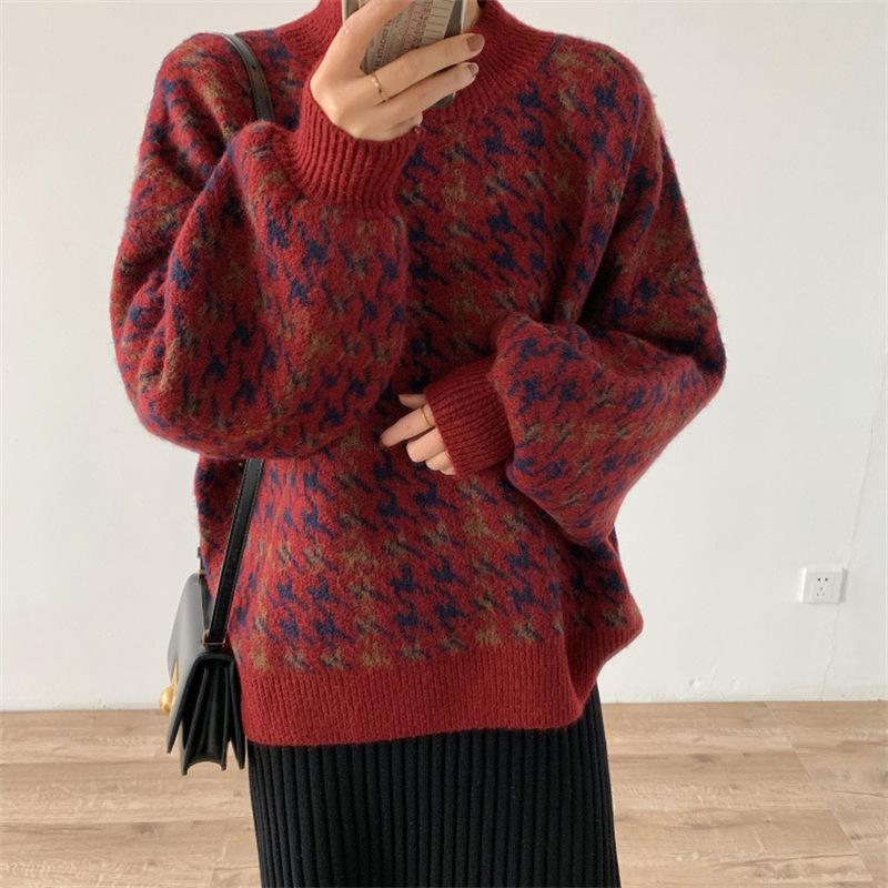 Women Thickened Retro Contrast Color Knitted Sweater Houndstooth Winter Loose Round Neck Pullover