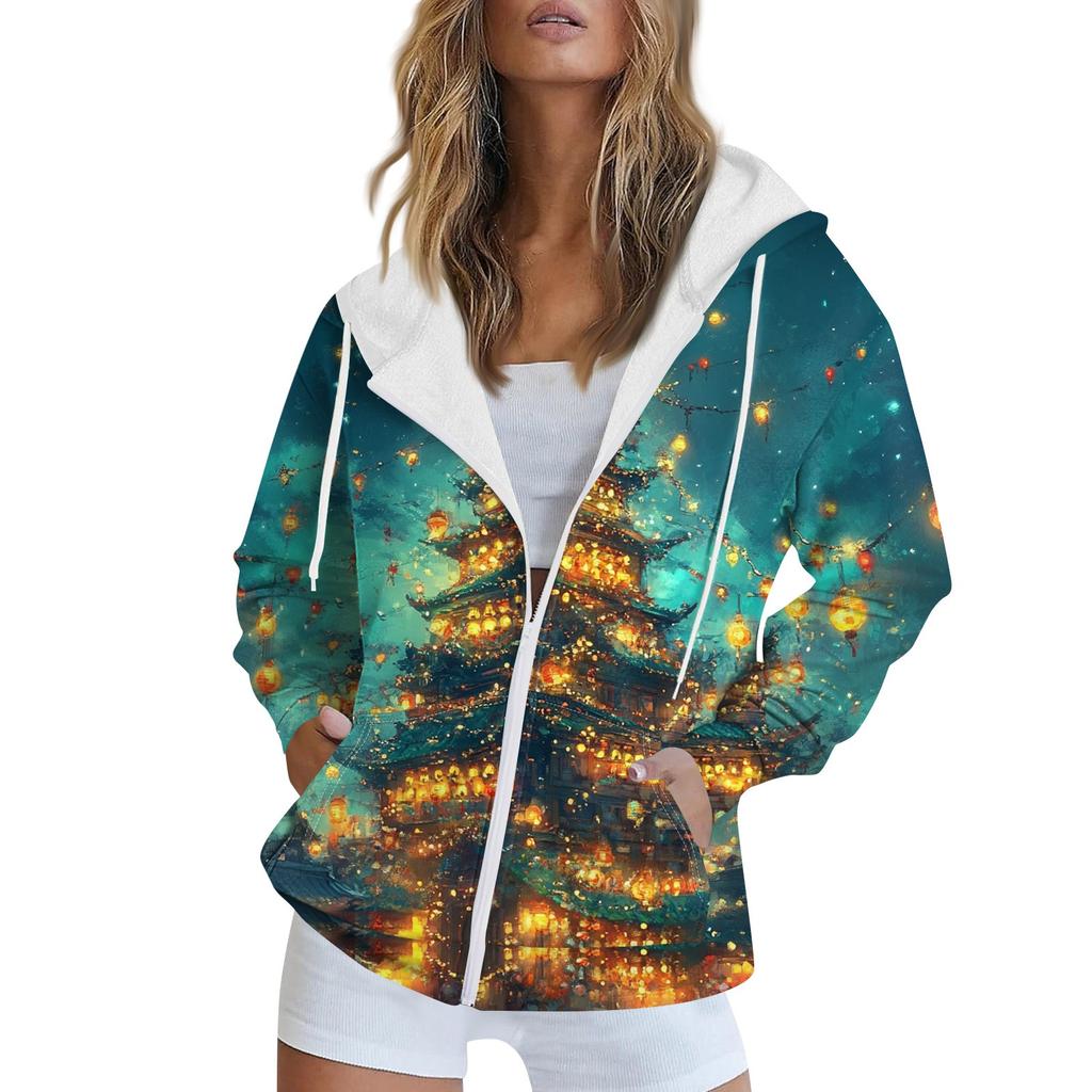 Женская рождественская печатная толстовка осень-зима с длинным рукавом кардиган куртка с карманами на молнии толстовка с капюшоном верхняя одежда