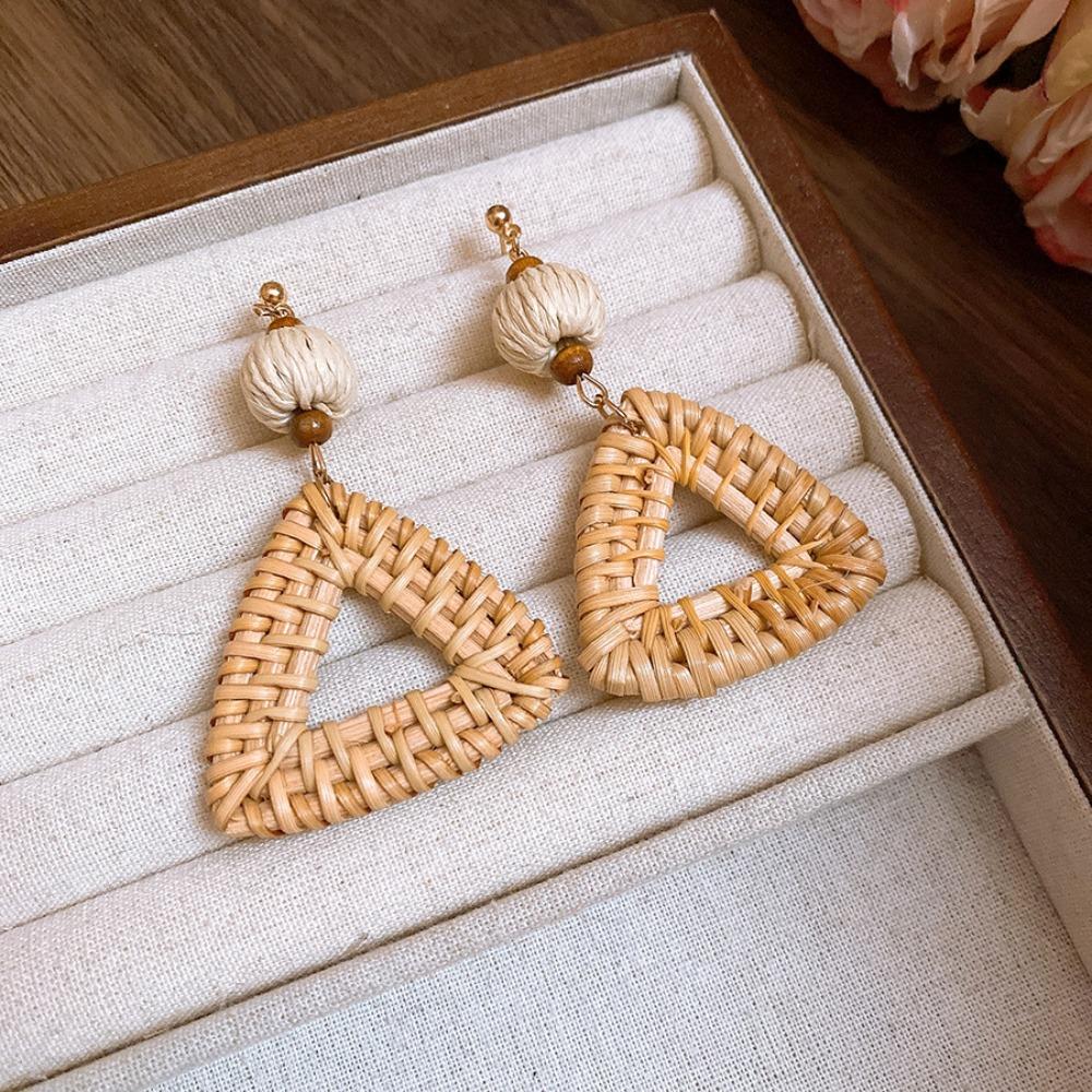 Wood Bohemian Drop Earrings Round Geometric Earrings Retro Rattan Weave Earrings  Party