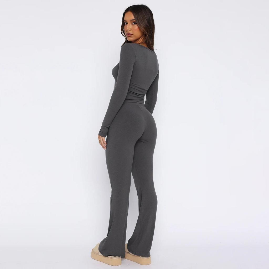 Женский однотонный костюм с длинным рукавом и V-образным вырезом, свободный топ, широкие короткие брюки, осень-зима