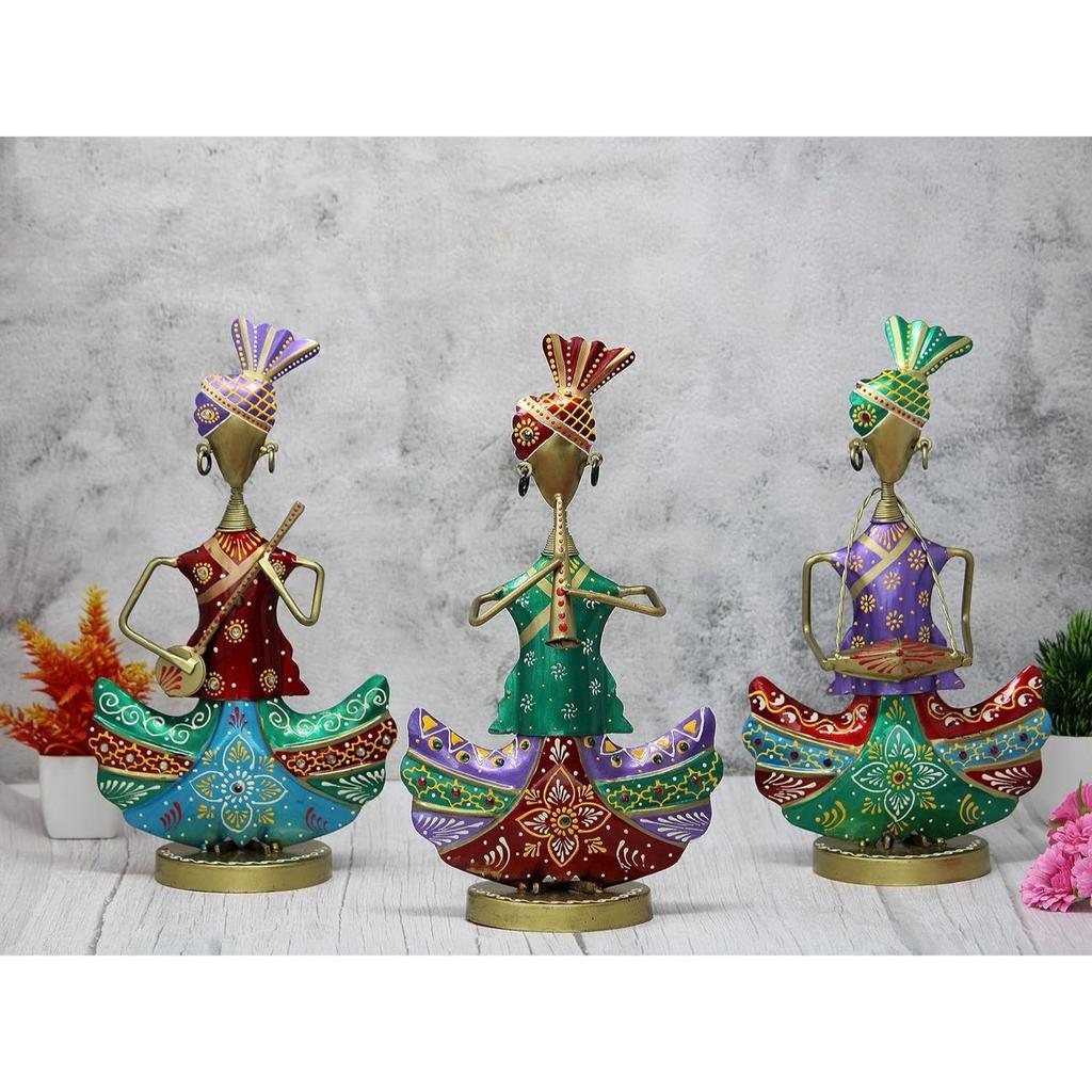 Расписанные вручную племенные музыканты из железа, декоративный предмет, экспонат для домашнего декора, подарок, многоцветный (Длина 7 дюймов*Высота 13 дюймов) - Набор из 3 шт., Винтаж