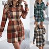 Autumn and Winter Casual Checkered Fake Pocket Long-sleeved Lace-up Woolen Shirt Dress for Women Dress