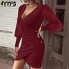 Women's Fashion Spring Fall Solid Color Print Long Sleeve V Neck Casual Dresses