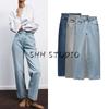 Spring New Women's Clothing Casual All-Matching Straight High Waist Cotton Loose Plaid Denim 2569047