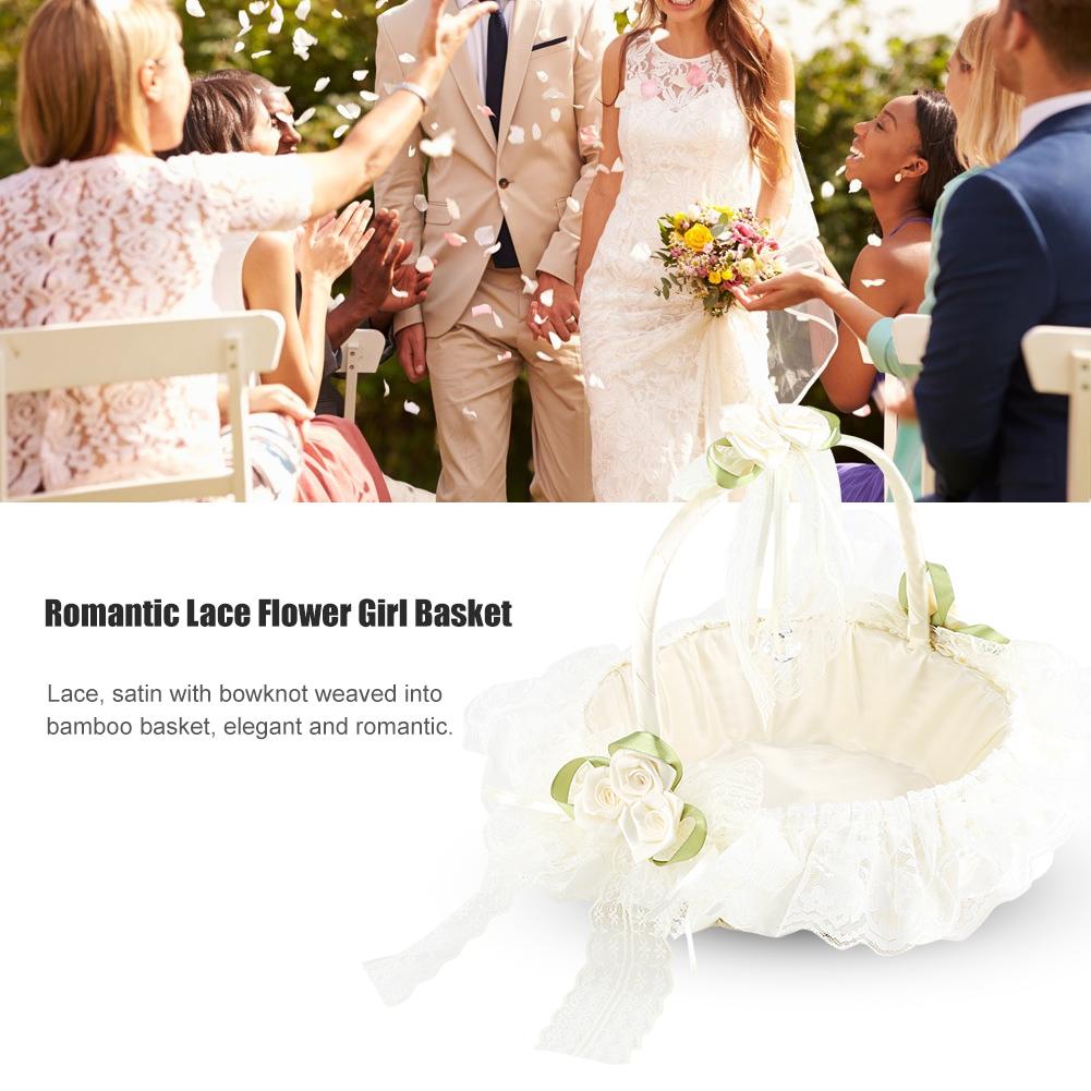 Романтичная кружевная корзина для девочек-цветочниц, бамбуковые атласные банты, свадебные корзины для декора свадебной вечеринки