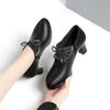 Deep Mouth Block Heels Platform Shoes Women Pumps 2025 Pointed Toe Soft Leather High Heel Office Black Elegant Bow Tie Retro